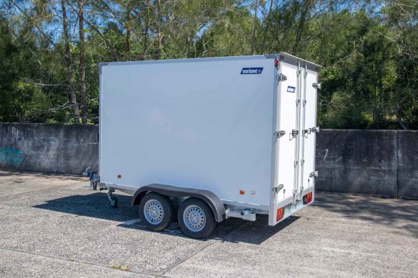 Variant freezer trailer in carpark -side view.