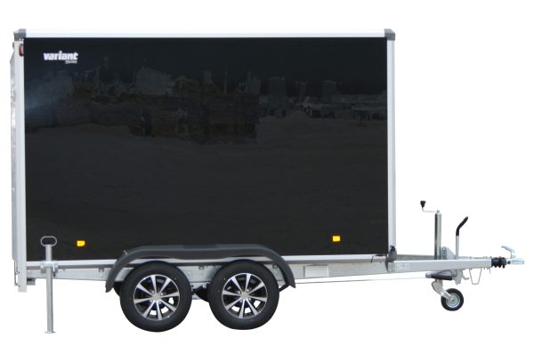 Variant mag alloy wheels in black and silver, on cargo trailer for furniture