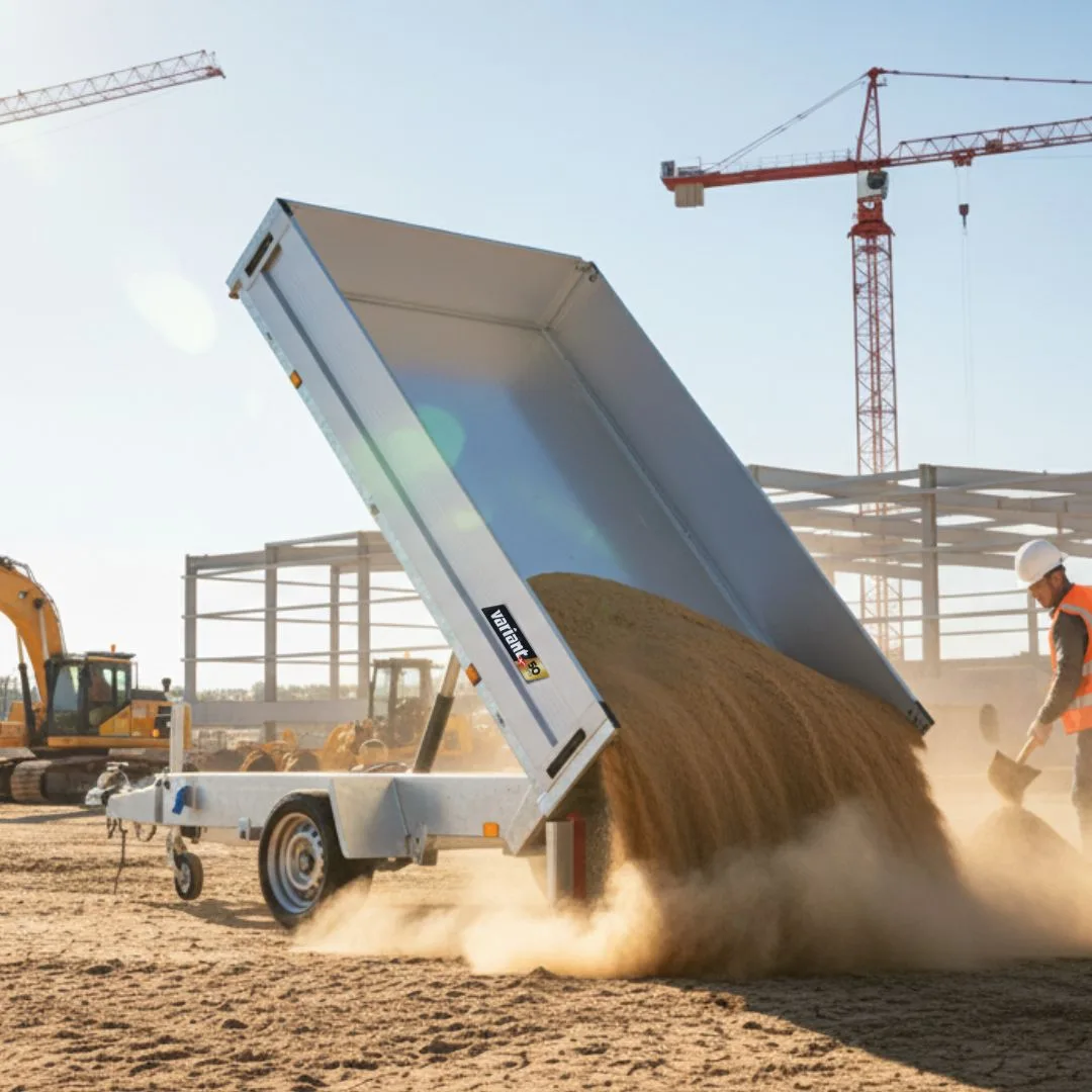 A tipper trailer in an elevated position, dumping a load of sand/aggregate onto a construction site while a worker shovels nearby.
