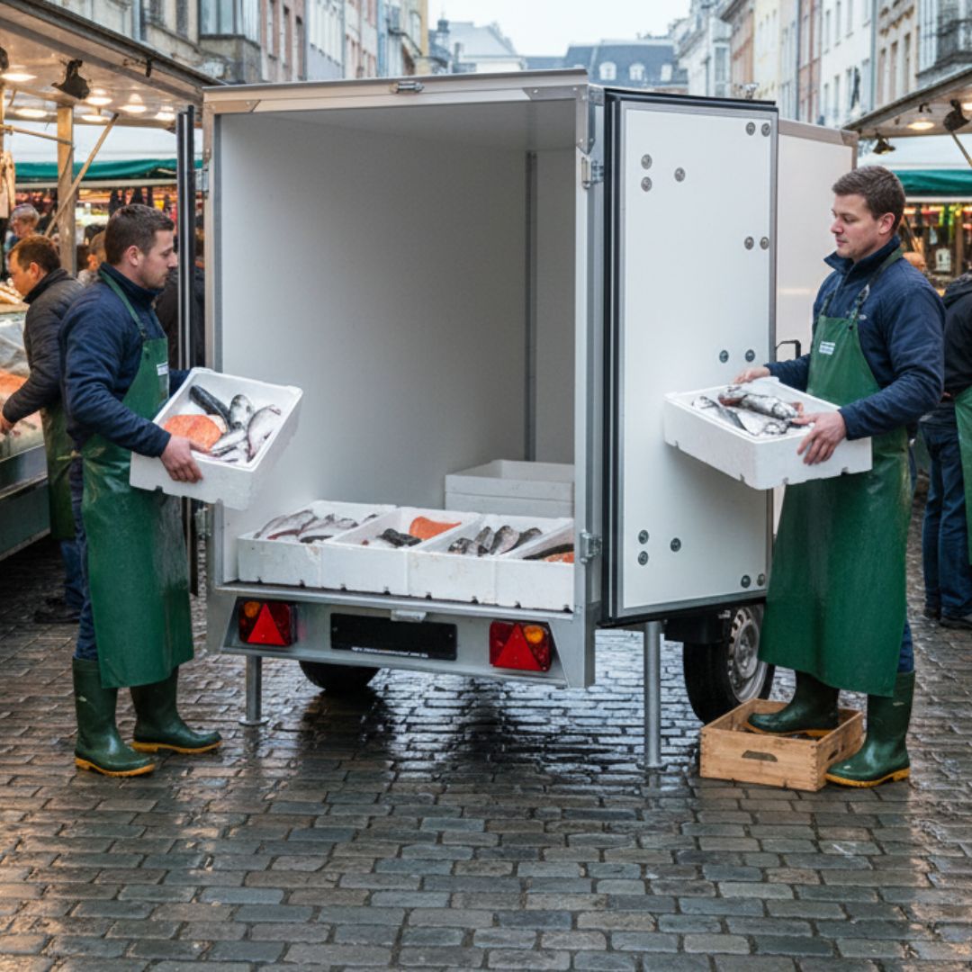 Two fishmongers in aprons and boots loading trays of fresh fish into the open doors of a white mobile coolroom/ refrigerated trailer at an outdoor market.