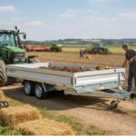Construction site view of an excavator loading a flatbed trailer with dirt, featuring two construction workers.