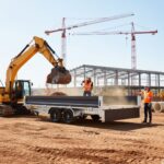 Construction workers supervising an excavator loading dirt onto a tandem axle flatbed trailer on a construction site.