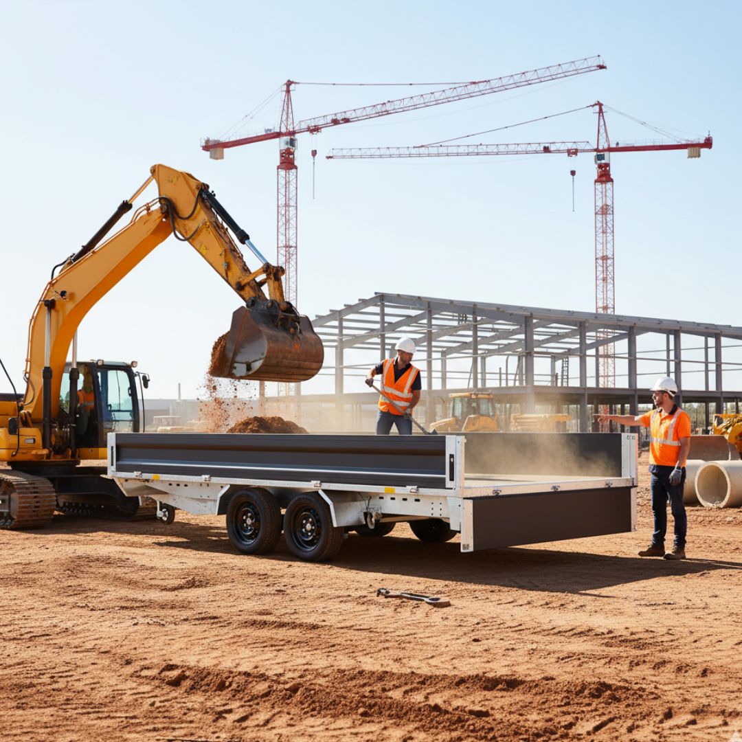 Construction workers supervising an excavator loading dirt onto a tandem axle flatbed trailer on a construction site.