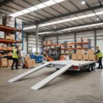 Two warehouse workers loading a large flat deck trailer with palletized boxes using a forklift and a pallet jack inside a large warehouse.
