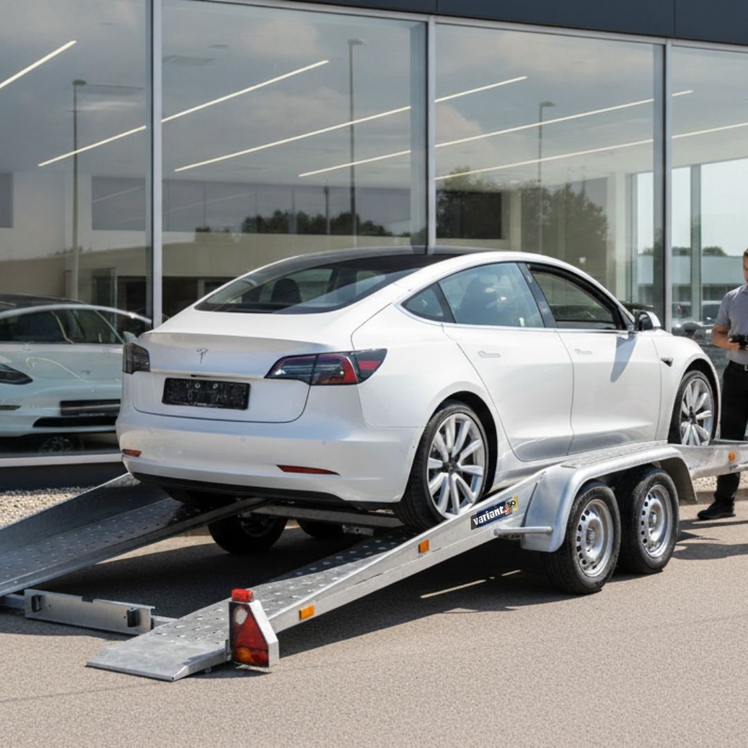 A white electric car being loaded onto a twin-axle car transporter/flattop trailer using ramps outside a car dealership.