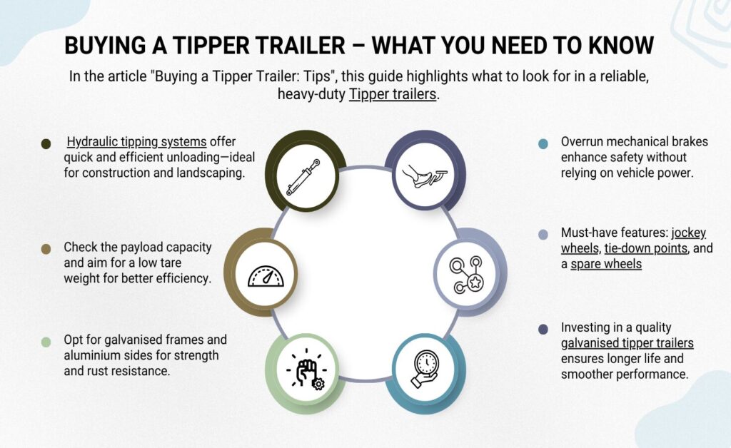 An infographic image titled "Buying a Tipper Trailer – What You Need to Know" features key features for heavy-duty trailers. The guide highlights that hydraulic tipping systems are ideal for construction and landscaping due to their efficient unloading, while overrun mechanical brakes enhance safety by operating independently of vehicle power trailer power. It recommends selecting a model with galvanised frames and aluminium sides for superior rust resistance and durability, alongside checking for a high payload capacity of the trailer and low tare weight for better fuel efficiency. Essential must-have features identified include trailer jockey wheels, tie-down points, and spare wheels, emphasizing that investing in quality galvanised tipper trailers ensures a longer lifespan and smoother performance. (trailer for sale, best trailer dealer in australia, box trailer, cargo trailer, side tipping trailer, flat deck trailer, flatbed trailer, boat trailer, kayak trailer)