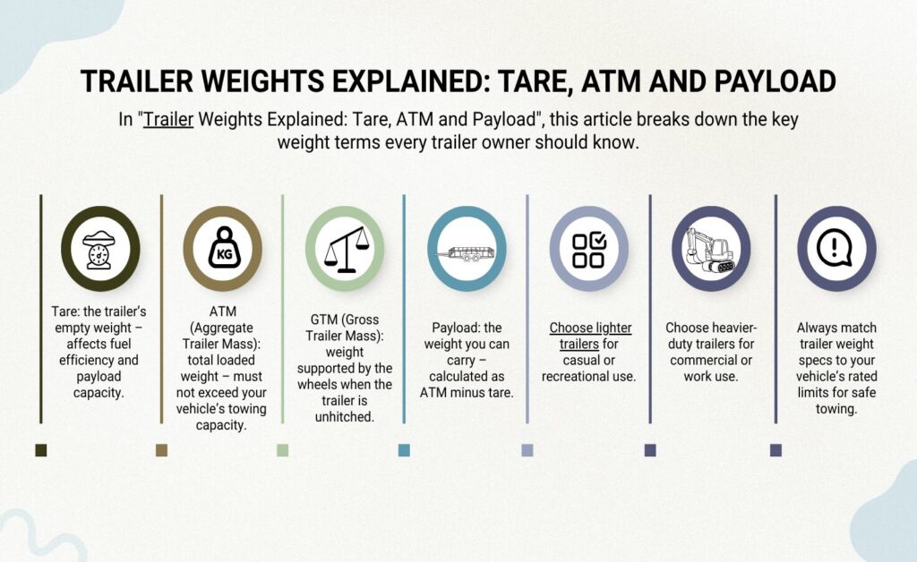An infographic image titled "Trailer Weights Explained: Tare, ATM, and Payload" provides a comprehensive summary guide to understanding critical weight specifications for safe towing in Australia. The graphic features seven vertical panels that define essential terms: Tare is the trailer's weight, which directly impacts fuel efficiency and carrying capacity; ATM (Aggregate Trailer Mass) is the total loaded weight that must not exceed a vehicle's rated towing capacity; and GTM (Gross Trailer Mass) is the weight supported by the trailer's wheels when unhitched. It explains that Payload the actual weight you can carry. The Trailer guide advises choosing lighter trailers for casual use and heavier-duty models for commercial work, concluding with a vital safety reminder to always match trailer weight specifications to a vehicle's rated legal limits in Australia. (trailer for sale, best trailer dealer in australia, box trailer, cargo trailer, side tipping trailer, flat deck trailer, flatbed trailer, boat trailer, kayak trailer)