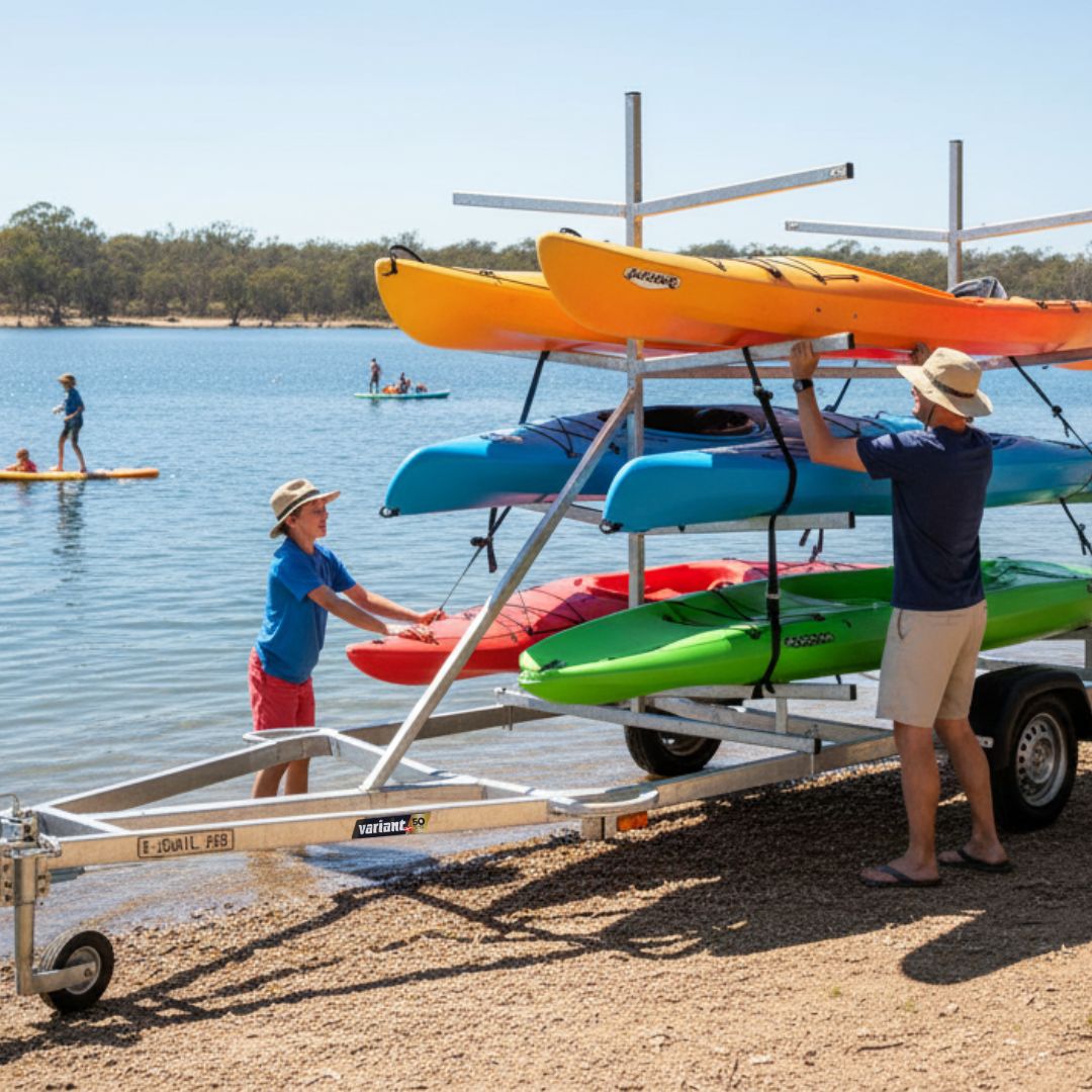 A man and a child loading multiple colourful kayaks onto a multi-level kayak trailer near a lake on a sunny day.