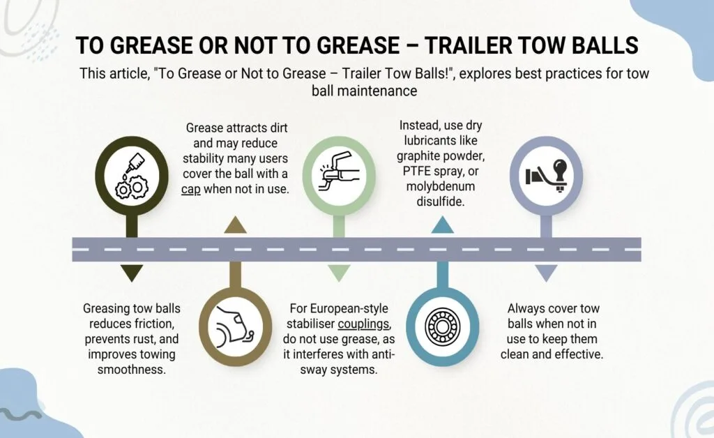 An infographic titled "To Grease or Not to Grease – Trailer Tow Balls" presents a summarized guide to tow ball maintenance along a stylized road-themed timeline. The graphic explains that while greasing reduces friction and prevents rust, it can also attract dirt and potentially reduce stability, leading many users to use a protective cap. It highlights a critical exception: grease should never be used with European-style stabilizer couplings as it interferes with anti-sway systems. As an alternative, the image suggests using dry lubricants such as graphite powder, PTFE spray, or molybdenum disulfide, and concludes by recommending that tow balls always be covered when not in use to maintain cleanliness and effectiveness.