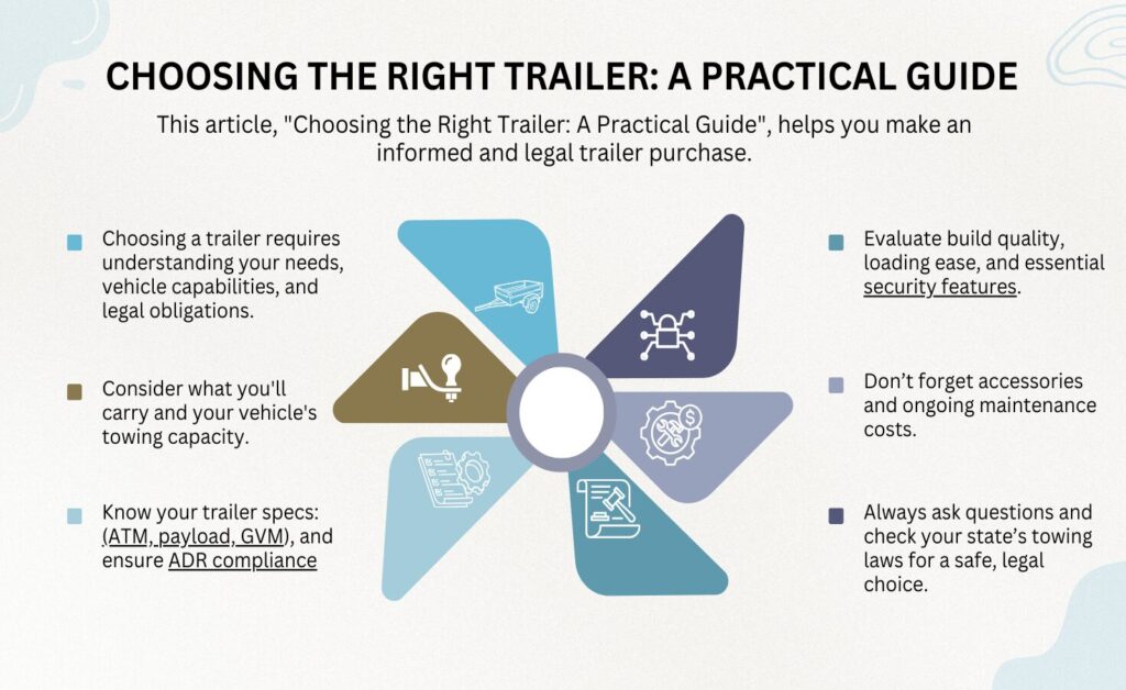 An infographic phot titled summarises "Choosing the Right Trailer: A Practical Guide" features key considerations for making an informed and legal trailer purchase in Australia. The guide emphasizes that buyers must understand their specific needs, vehicle towing capacity, and legal obligations, including technical specifications like ATM, payload, and GVM, while ensuring ADR compliance. It is an unbiased advise evaluating build quality, ease of loading, and security features, alongside accounting for accessories and ongoing maintenance costs. Finally, the graphic/ image encourages prospective owners to ask questions and check Australia state-specific towing laws to ensure their choice is both safe and legally compliant. (trailer for sale, box trailer, cargo trailer, side tipping trailer, flat deck trailer, flatbed trailer)