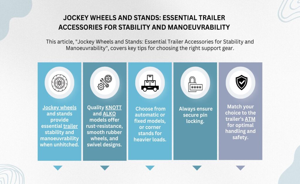 An infographic image titled "Jockey Wheels and Stands: Essential Trailer Accessories for Stability and Manoeuvrability" outlines key tips for selecting support gear. The graphic is explaining that these trailer accessories are essential for stability and maneuverability when a trailer is unhitched. It recommends high-quality KNOTT and ALKO models for their rust-resistance, smooth rubber wheels, and swivel designs, while suggesting a choice between automatic, fixed, or corner stands depending on load weight. Finally, it emphasizes the importance of secure pin locking and matching the equipment to the trailer’s ATM (Aggregate Trailer Mass) to ensure optimal handling and safety.
