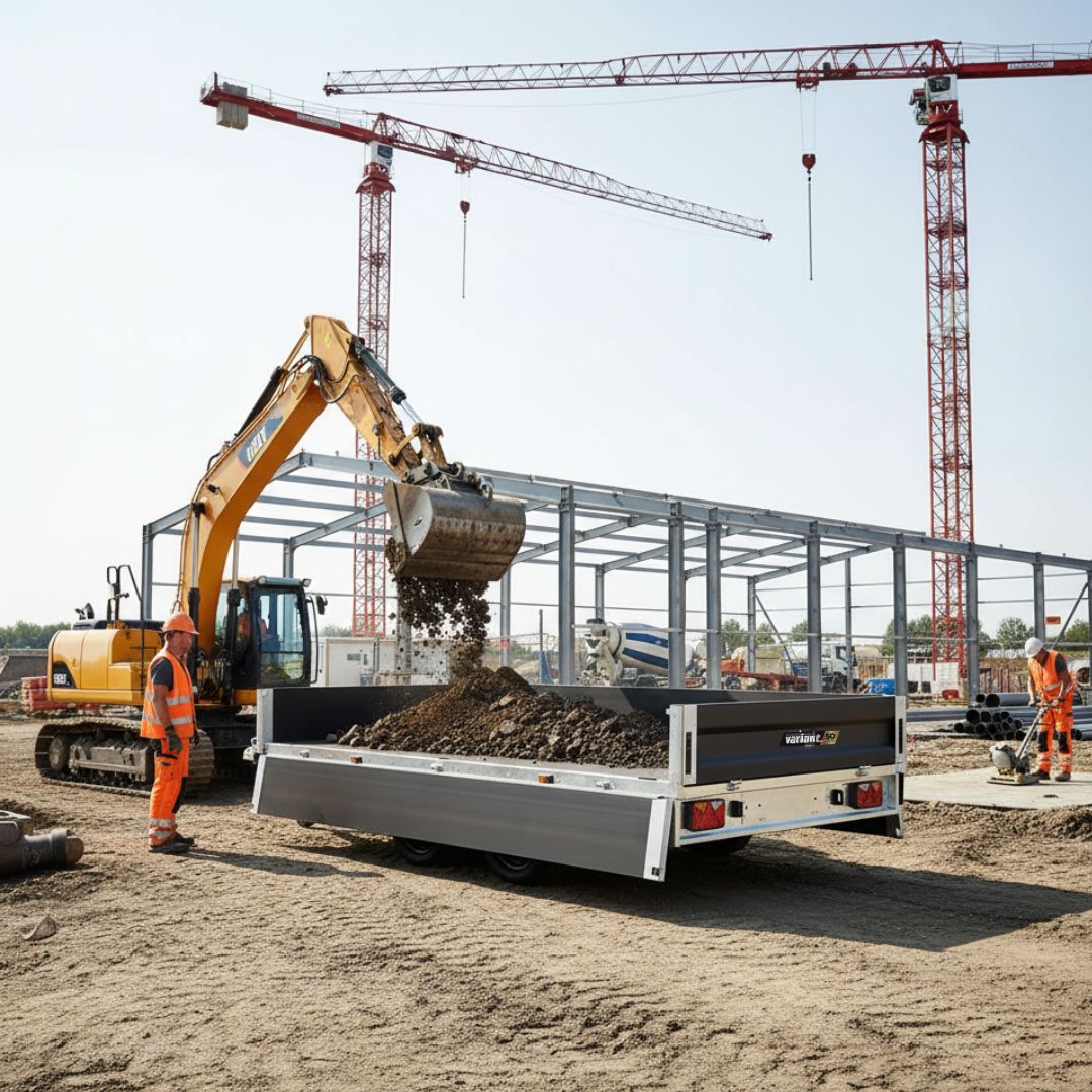 Construction workers supervising an excavator loading dirt onto a tandem axle flat top trailer on a construction site. or agriculture side