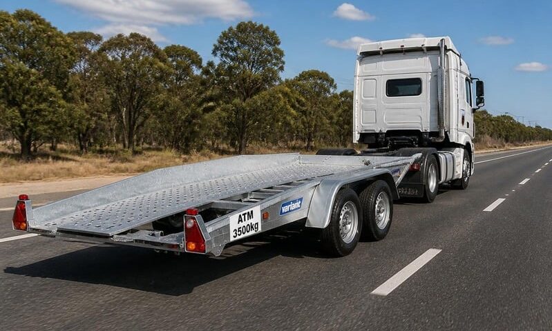 Variant trailer with ATM 3500kg plate towed behind a large truck on an Australian highway (illustrative image)